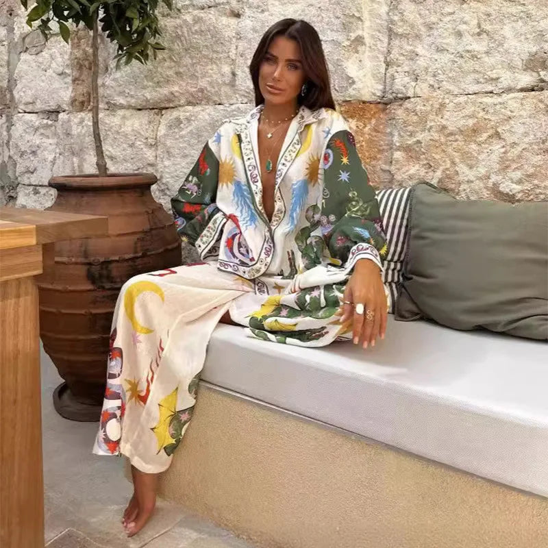 Stylish Printed Trousers 2 Piece Set Women'S Casual Lapel Single Breasted Shirt Wide Leg Pant Sets Women Pomesia Vacation Suit