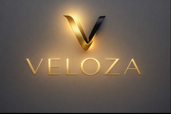 Gold 'V' logo with 'VELOZA' text on a dark background