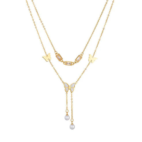 Retro Women's Butterfly Tassel Double-layer Necklace